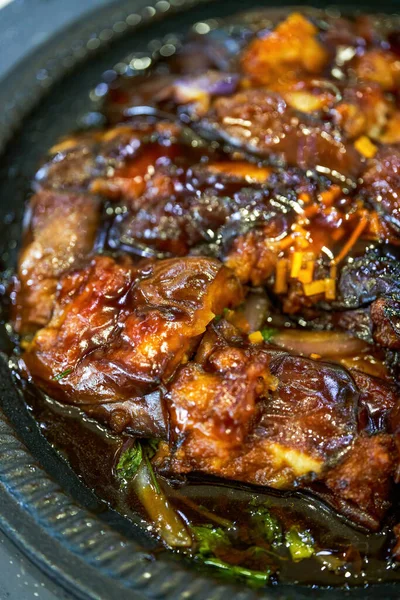 Een Heerlijk Chinees Gerecht Vleespasteitjes Met Aubergine Gesmoorde Saus — Stockfoto