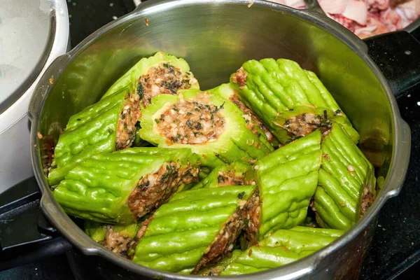 Plato Tradicional Chino Guangxi Calabaza Amarga Rellena Carne Cerca —  Fotos de Stock