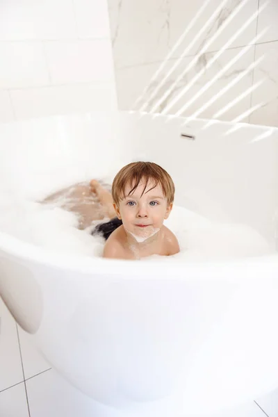 Little Boy Having Fun Taking Bubble Bath — Stock Photo, Image