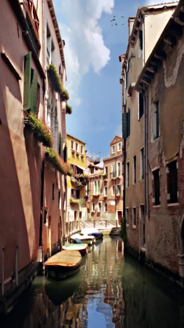 Tipico canale veneziano riflette gli edifici intorno nell'acqua.Venezia, Italia — Video Stock