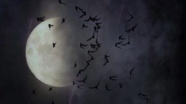 Gizemli varlıklar: Ayın altında ışık izleri ve yarasalar, karanlık atmosfer.