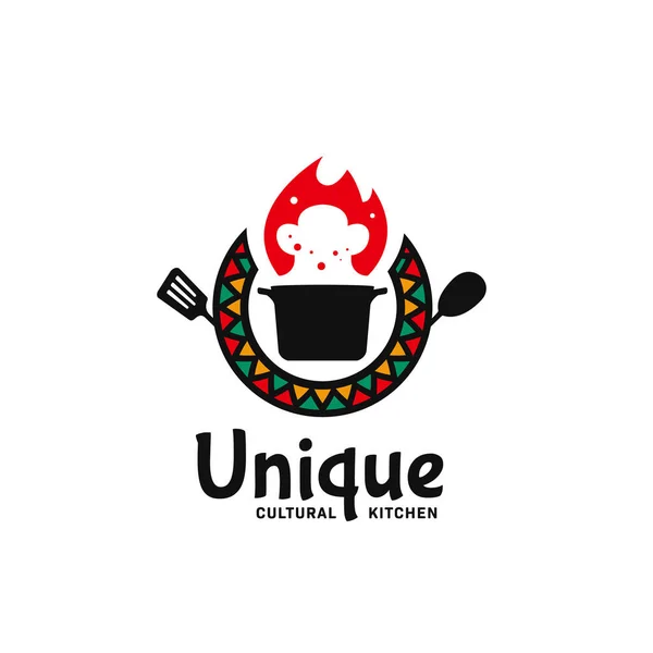 Unieke Culturele Keuken Logo Pictogram Badge Met Hot Pot Vlam — Stockvector