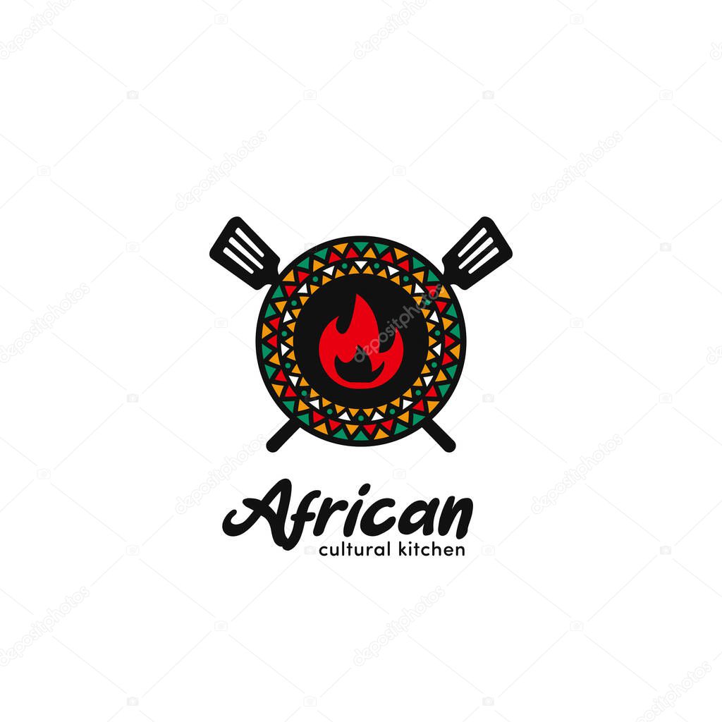 African cultural kitchen food and beverage restaurant logo with unique african traditional pattern badge emblem icon