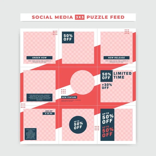 Sosyal medya instagramı ig puzzle feed post square size vektör şablon tasarımı promosyon satışı için kırmızı beyaz, mavi, koyu renk