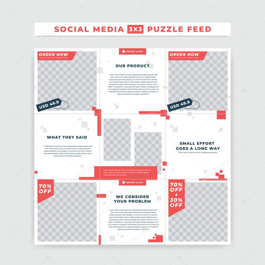 Red white simple bold instagram ig puzzle feed post square size vector template design for product branding promotion sale