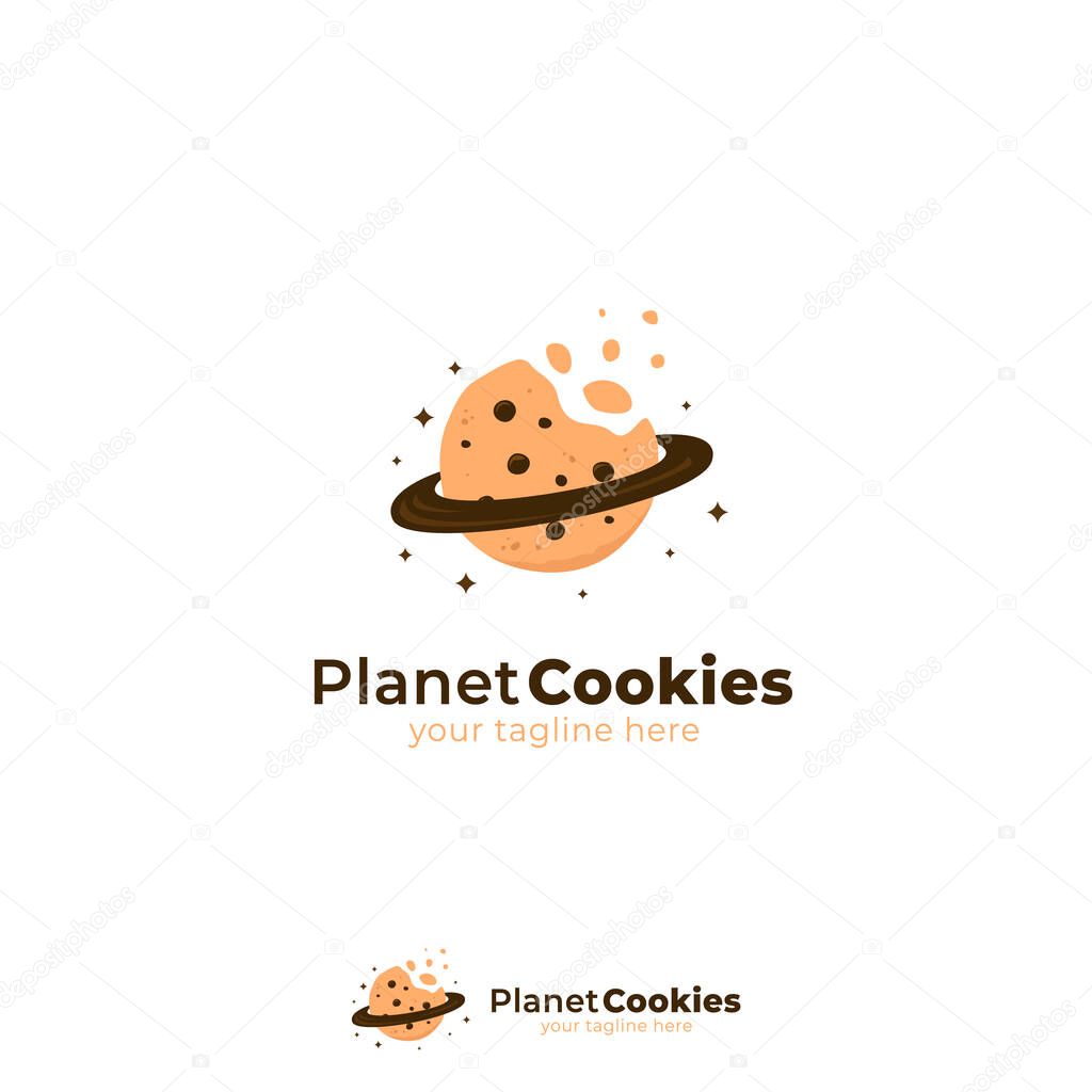 Planet cookies logo with bitten cookies and planet ring icon symbol illustration