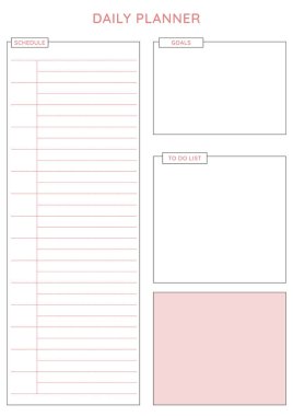 Liste yapmak için zaman tablosuna ve hedeflere sahip Basit Günlük Planlayıcı Basit pembe yazdırma şablonu