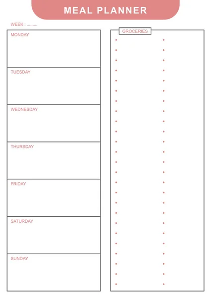 Eenvoudige Witte Roze Wekelijkse Maaltijd Planner Schema Met Dagelijkse Tafel — Stockvector