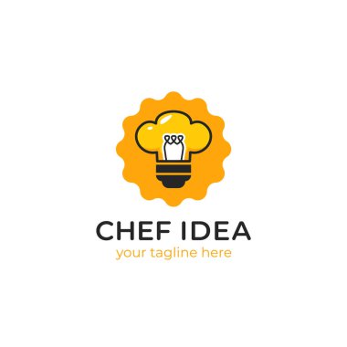 Şef yemek fikri logosu. Şef şapkası şeklinde illüstrasyon şeklinde ampul ikonu.