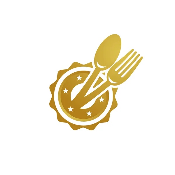 Cuchara Tenedor Logotipo Icono Cinta Oro Vector Plantilla Símbolo Para — Archivo Imágenes Vectoriales