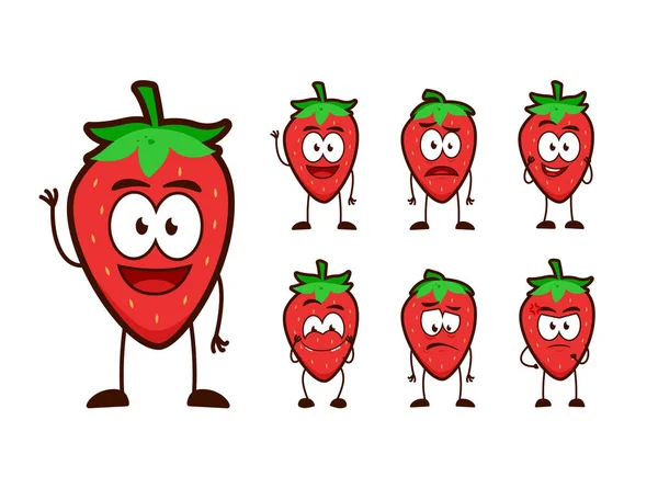 Carino Fragola Frutta Personaggio Cartone Animato Mascotte Posa Set Umanizzato — Vettoriale Stock