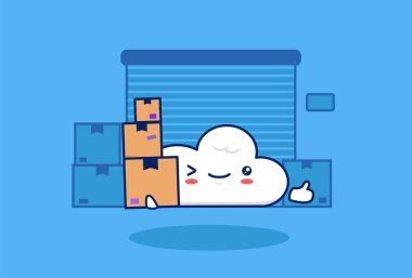 Şirin bulut karikatürü paket kutusu teslimat kurye servisi illüstrasyonunu taşıyor