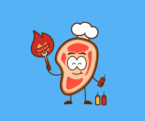 可爱的肉人烤腊肠烤肉烧烤Bbq派对矢量人物吉祥物卡通画 — 图库矢量图片