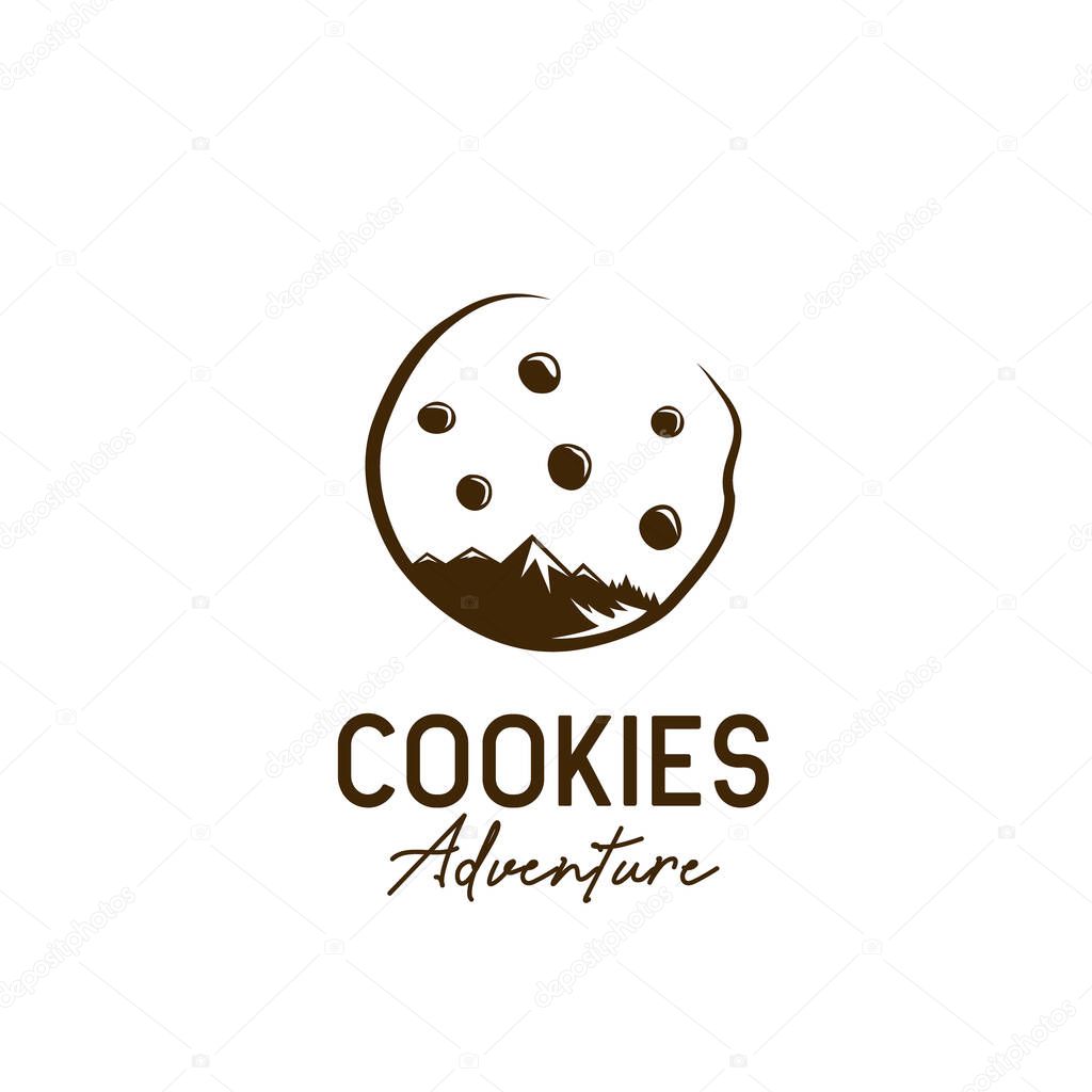 Cookie cookies outdoor adventure logo icon with mountain, forest and chocolate chip star illustration concept