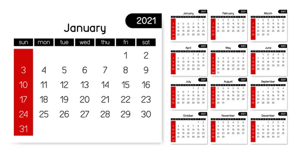 2021 Calendar Simple Clean White Black Red Full Month Year — Stock Vector