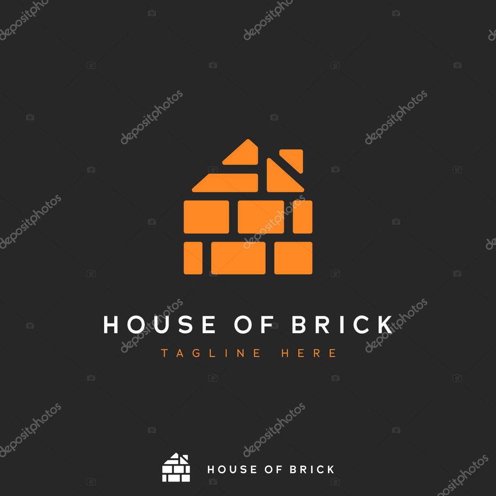 House of brick logo, pile of orange brick form in house shape concept icon logo