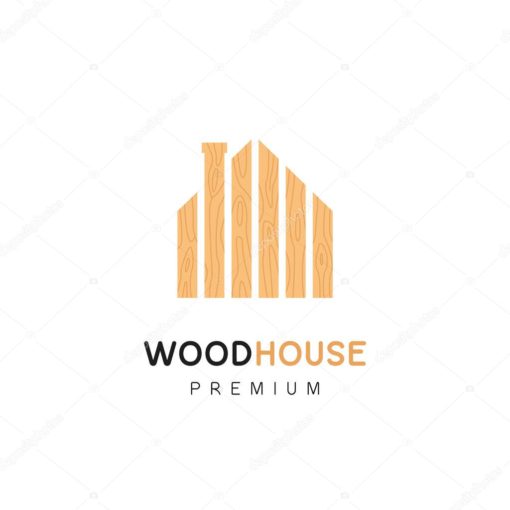 Wooden wood house logo with brown wood plank texture in house shape icon illustration concept