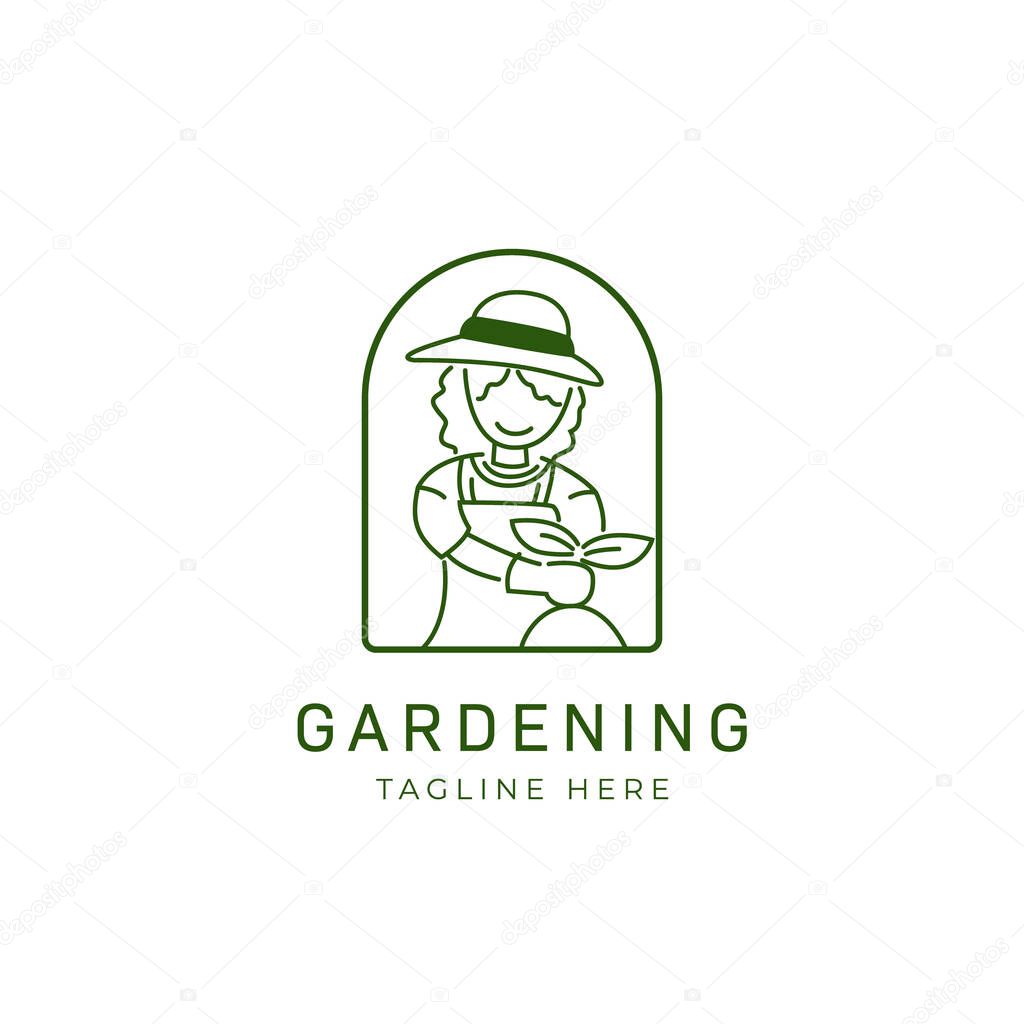 Gardening lawn care company store logo with curly hair women planting monoline style illustration vector icon logo