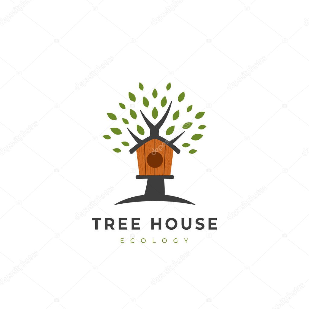 Bird house, wooden tree house logo icon vector illustration