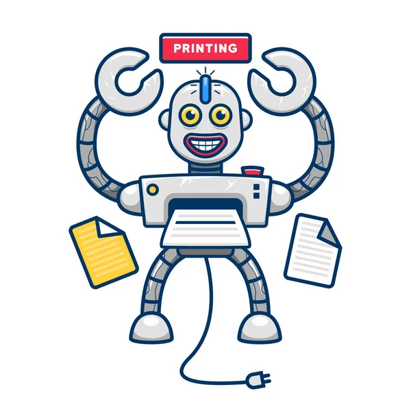 Eccentrico Divertente Stampante Robot Mascotte Personaggio Illustrazione Vettore — Vettoriale Stock