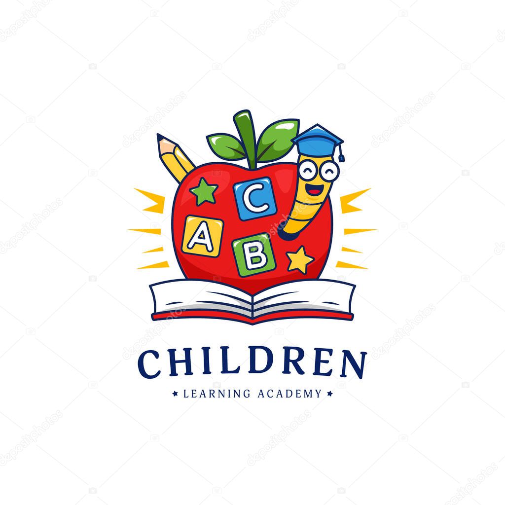 Kindergarten children learning school academy logo with apple and golden worm illustration logo cartoon style