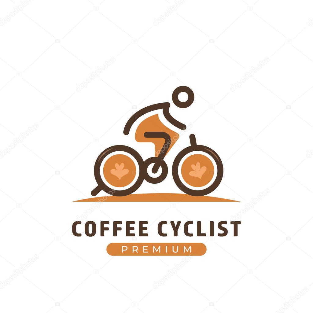 Coffee cyclist logo, bicycle rider cafe business logo template with coffee cup as bicycle wheel