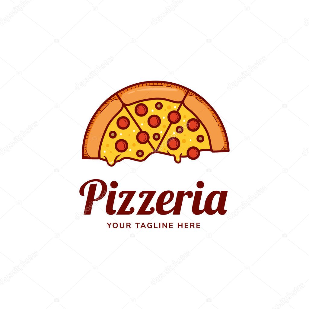 Melting pizza logo, pizzeria restaurant with melting cheese logo icon template illustration