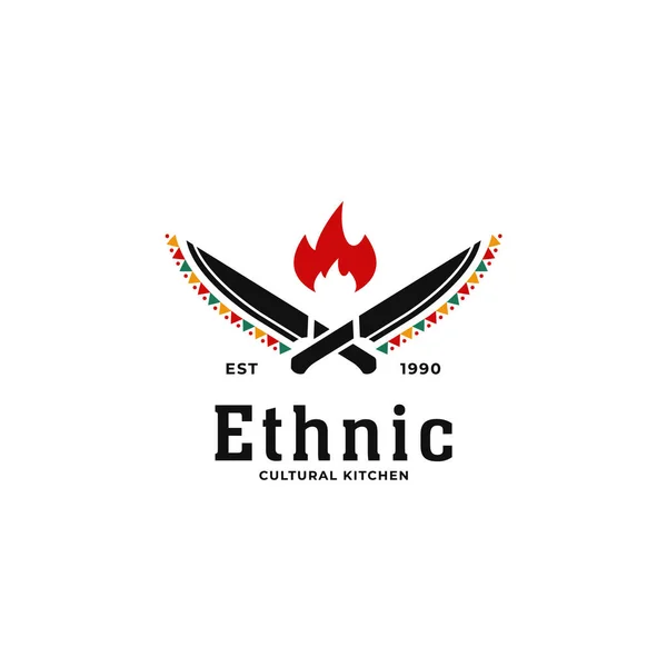 Bıçak ve sıcak ateş ikonuyla geleneksel etnik Afrikalı kültür mutfağı ruh restoranı logosu