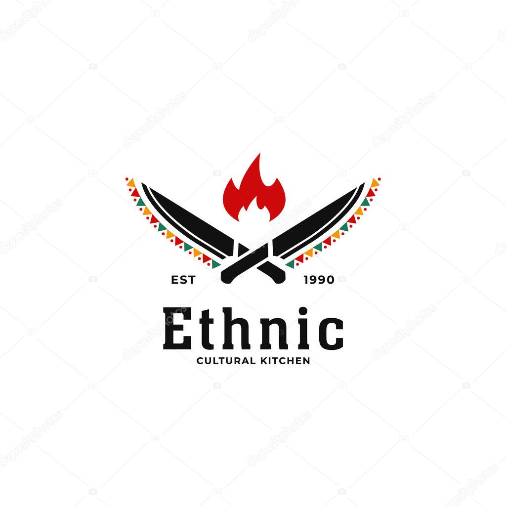 Ethnic traditional african cultural kitchen soul restaurant logo with knife and hot fire icon