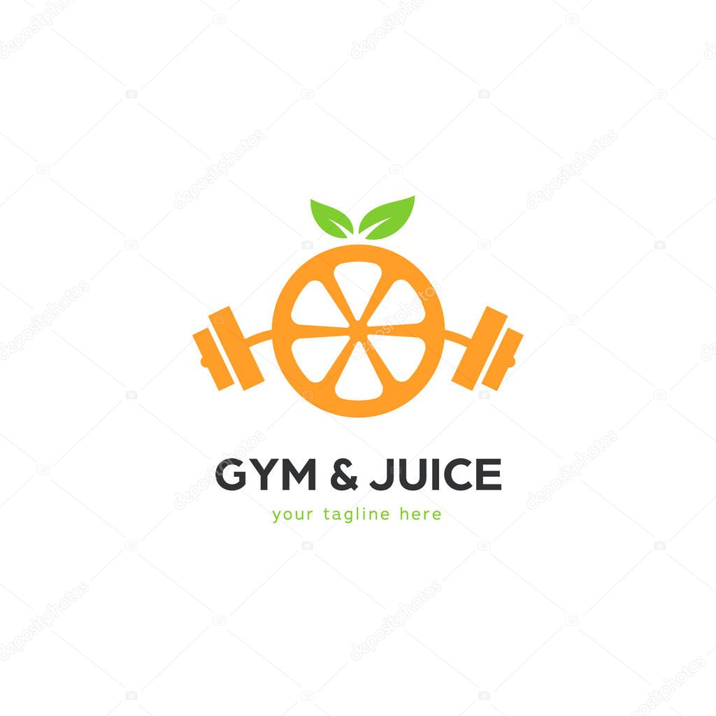 gymnastic strong gym juice logo with fresh fruit weight lifting barbell