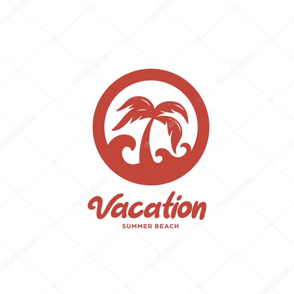 Palm Tree on beach logo template flat icon illustration badge with sea wave