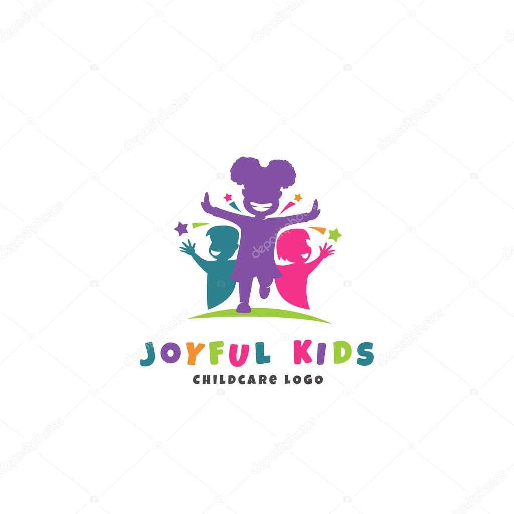 Joyful kids childcare logo template with running happy kids silhouette