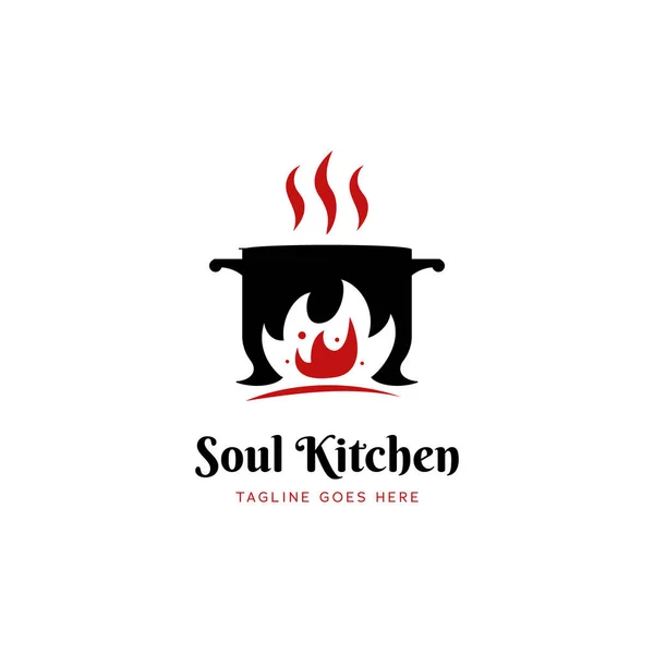 Stock vector Soul Kitchen hot pot restaurant logo icon with big red fire flame