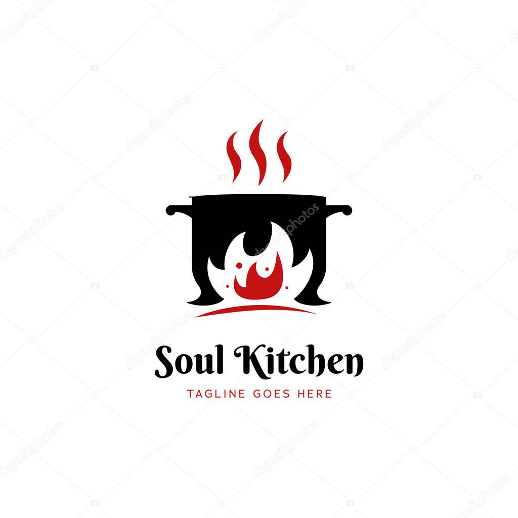 Soul Kitchen hot pot restaurant logo icon with big red fire flame