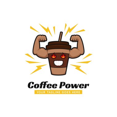 Kahve makinesi logosu, güçlü büyük kol kaslı logo ikonu resimli kahve fincanı.