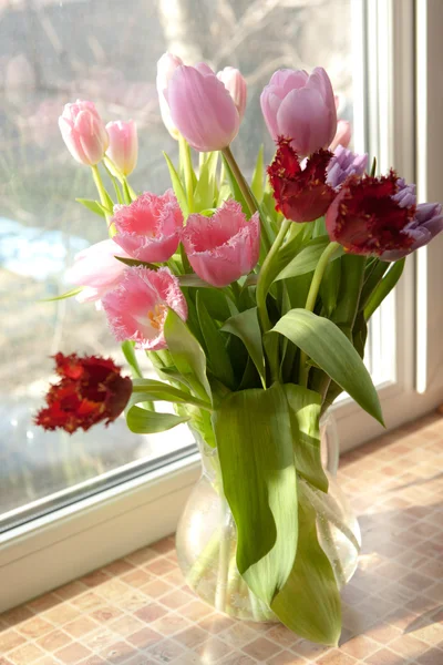 Buquê de tulipas a cores diferentes em um vaso de vidro em um contexto dos raios do sol — Fotografia de Stock