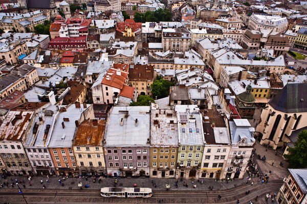 View on the roofs of houses from Towers of the city, Lviv, Ukraine