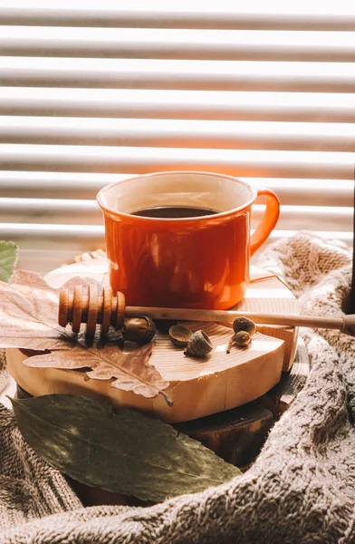 Höst Mysig Atmosfär Varmt Kaffe Vid Fönstret Fönsterbrädan — Stockfoto