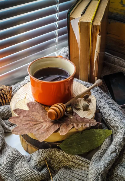 Autunno Atmosfera Accogliente Caldo Caffè Alla Finestra Sul Davanzale Della — Foto Stock