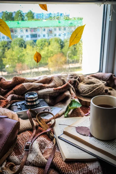 Höst Mysig Atmosfär Varm Filt Varmt Kaffe Vid Fönstret — Stockfoto