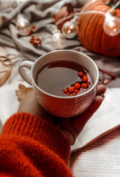 cozy atmosphere, autumn, hot tea, pumpkin