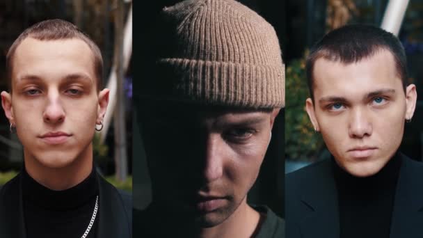 Dela skärm Collage av unga framgångsrika affärsmän. Porträtt av män som tittar på kameran. Multiskärm. Affärsidé. — Stockvideo