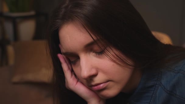 Closeup. Portrait of exhausted frustrated woman massaging nose bridge temples. Stressed unhealthy woman feeling tired suffering from migraine, panic attack, high blood pressure. — Stock Video