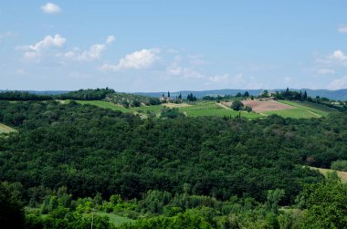 Etkileyici bahar manzarası, tarım alanları ve ağaçlarla manzara, Toskana, İtalya