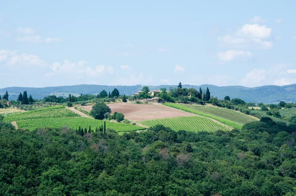 İtalya 'nın Toskana bölgesinde tarlaları ve tepeleri olan İtalyan manzarası Telifsiz Stok Fotoğraflar