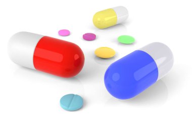 Bir grup ilaç, hap ve kapsül beyaz izole edilmiş arka plan 3D.