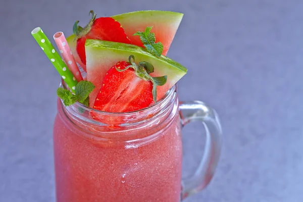 Watermelon and strawberry smoothie in a jar — Stock Photo, Image