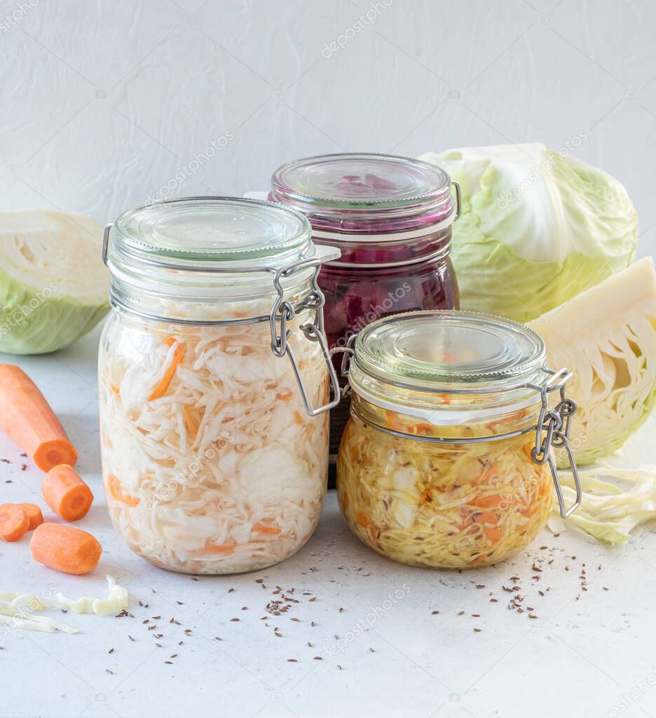 Fermented cabbage sauerkraut sour glass jars