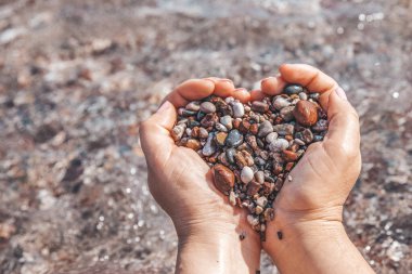 Küçük taşları tutan eller kalp şeklini alır.