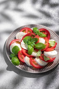 Mozzarella soslu salata caprese, dilimlenmiş domates, baharat ve taze fesleğen. Ev yapımı yemek..